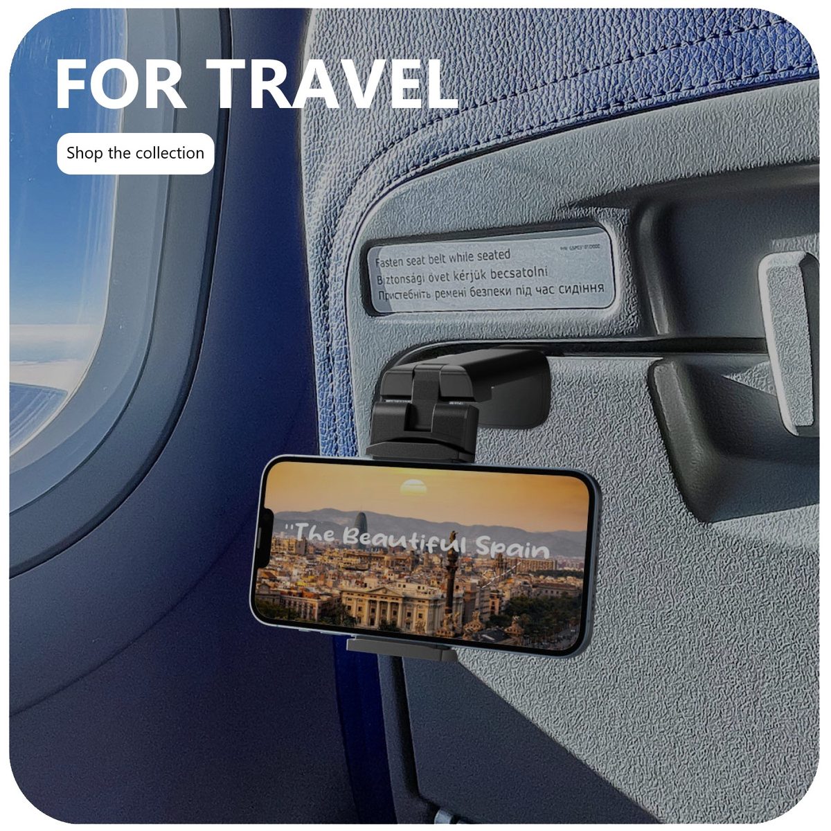 MiiKARE airplane phone holder clamped to a tray table on a flight